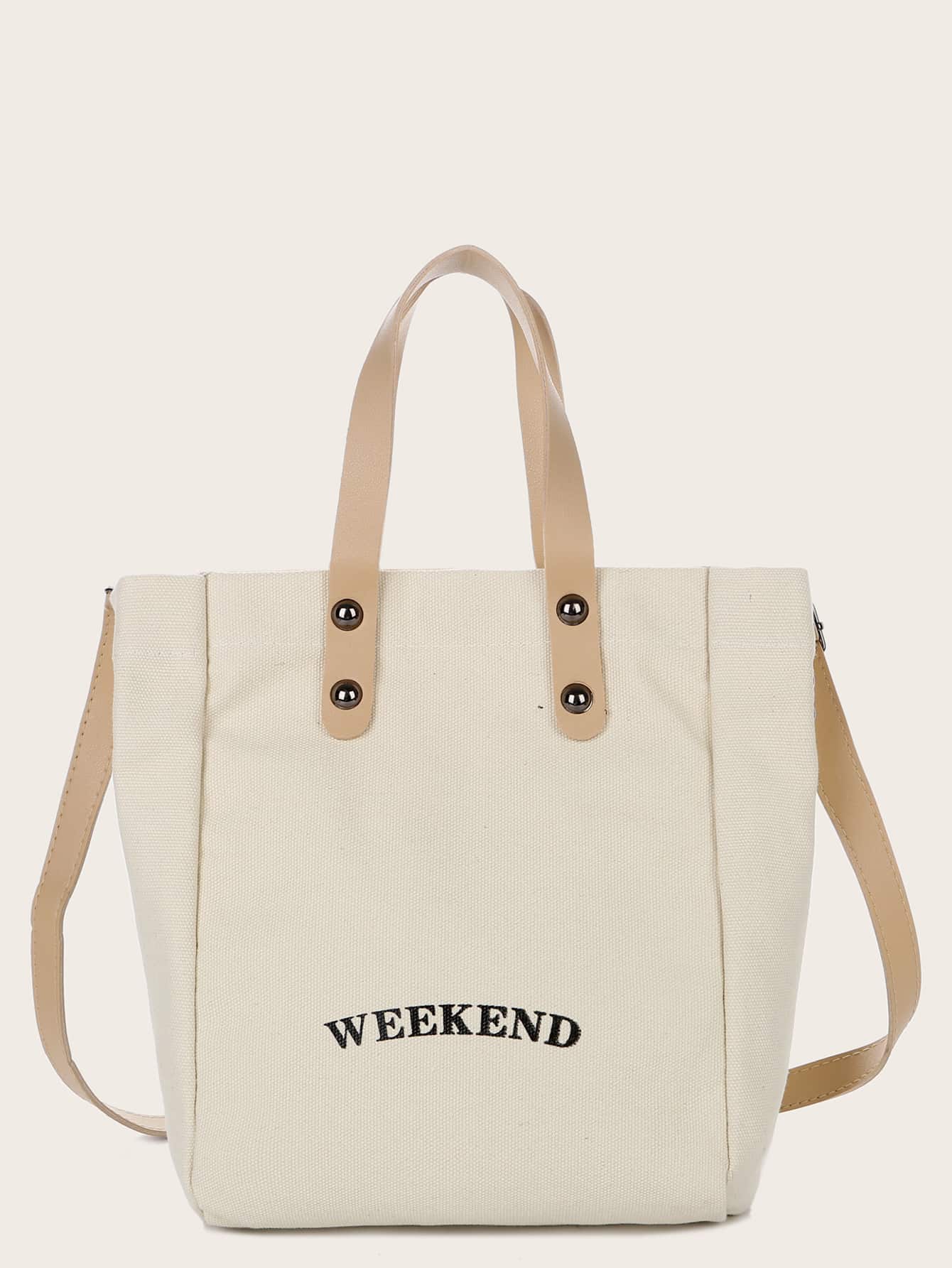 2pcs Letter Graphic Canvas Bag With Crossbody Bag