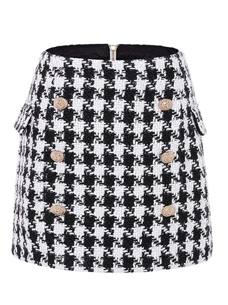 Button-Embellished Tartan Tweed Mini Skirt