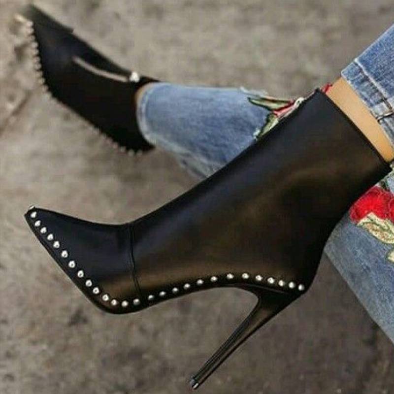 Elegant Pointed Toe Rivet Thin Heels Women Ankle Boots