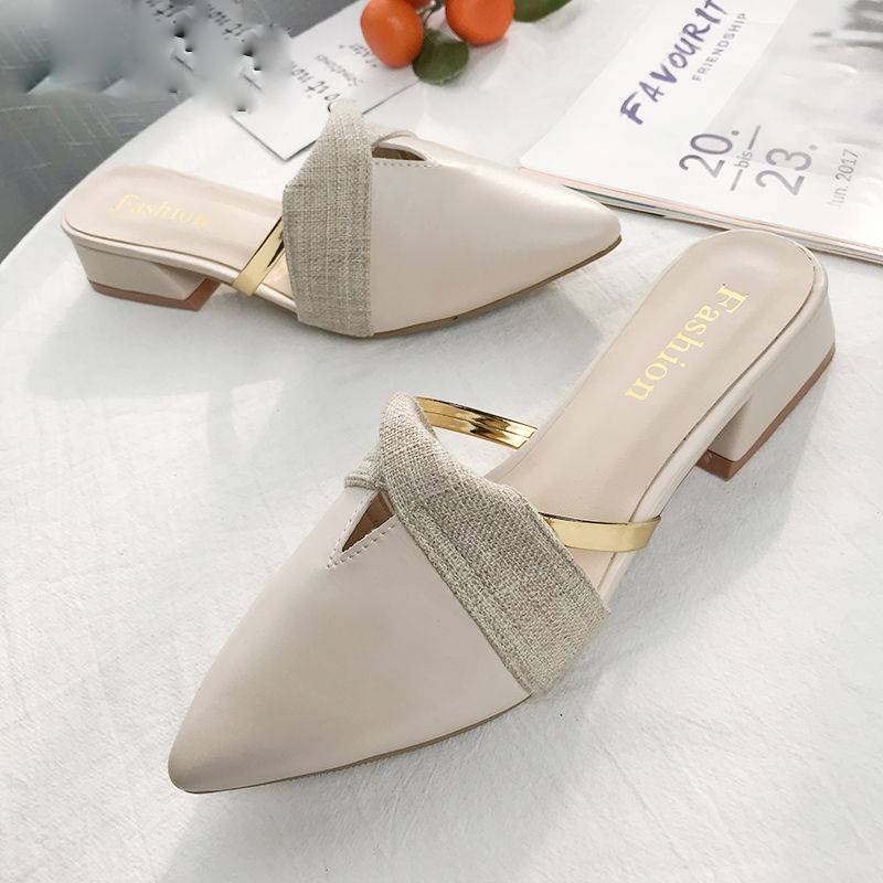 Classic PU Leather Pointed Toe Golden Ring Decoration Women Mules Shoes