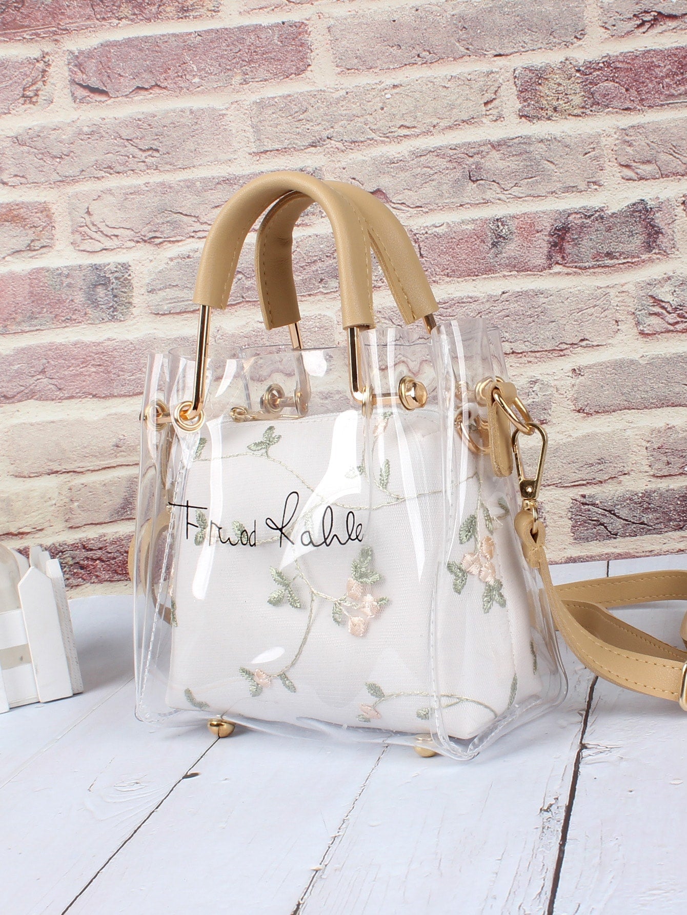 Letter Print Clear Bag With Floral Embroidered Inner Pouch