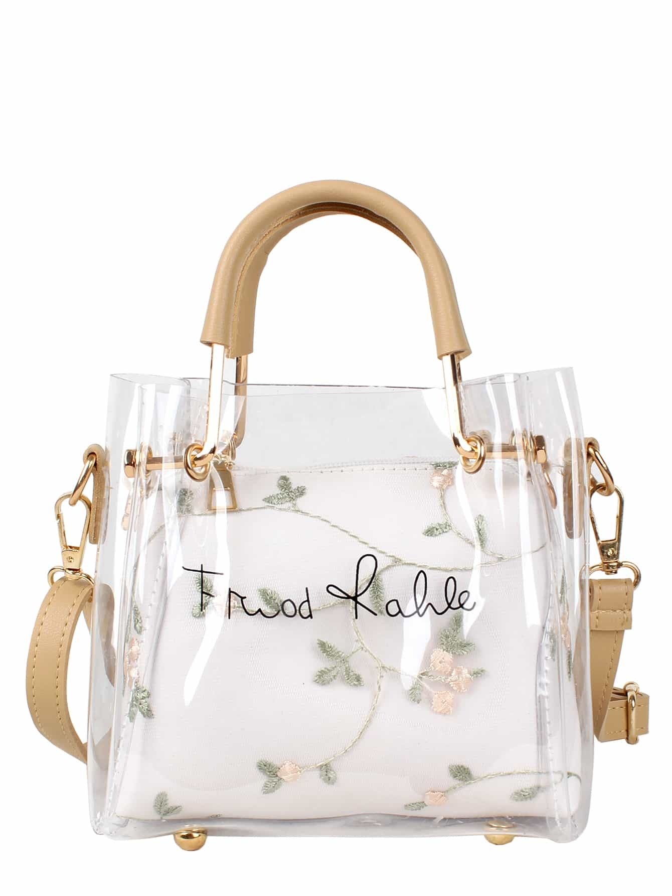 Letter Print Clear Bag With Floral Embroidered Inner Pouch