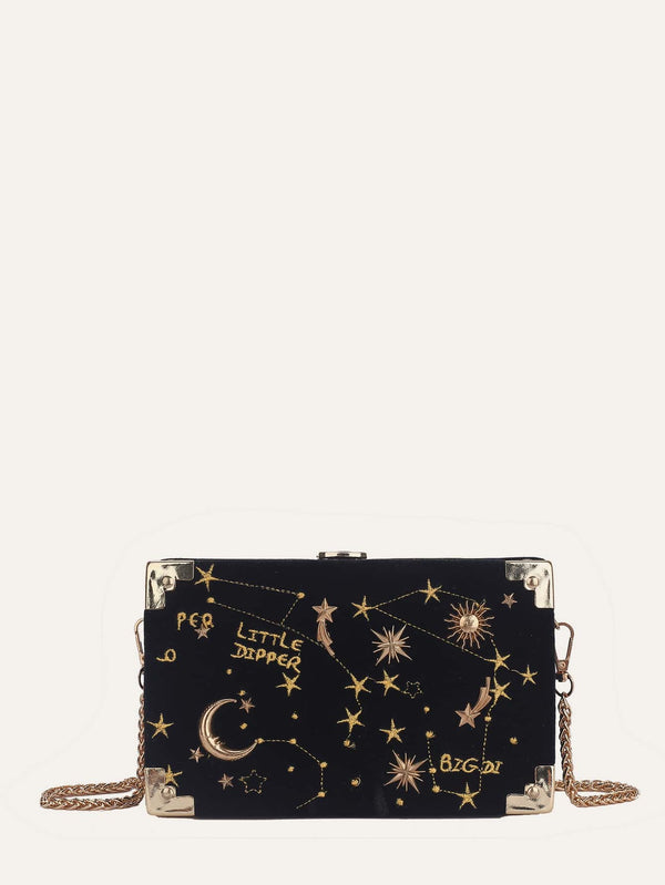 Star & Moon Embroidered Box Clutch Bag