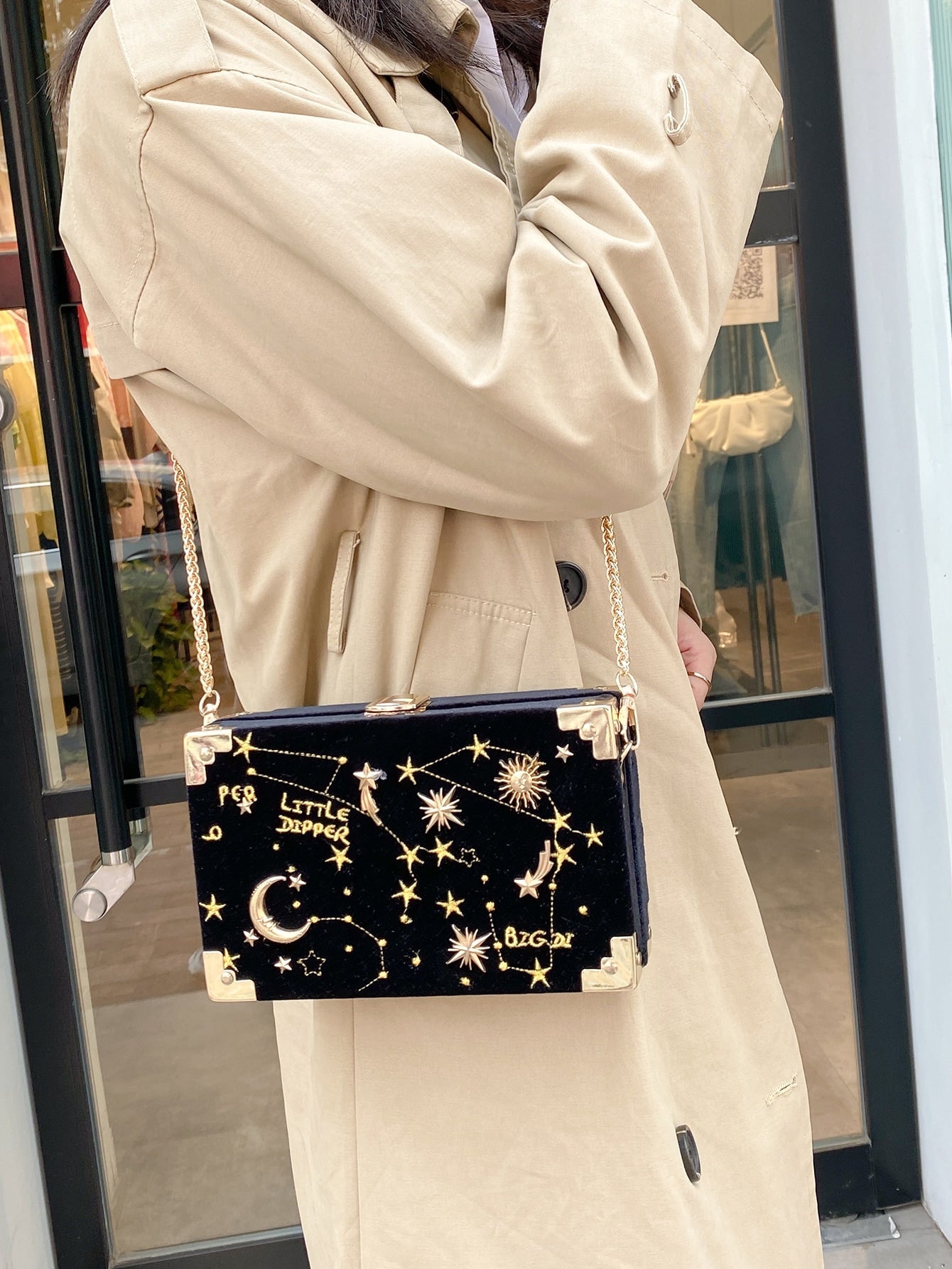 Star & Moon Embroidered Box Clutch Bag