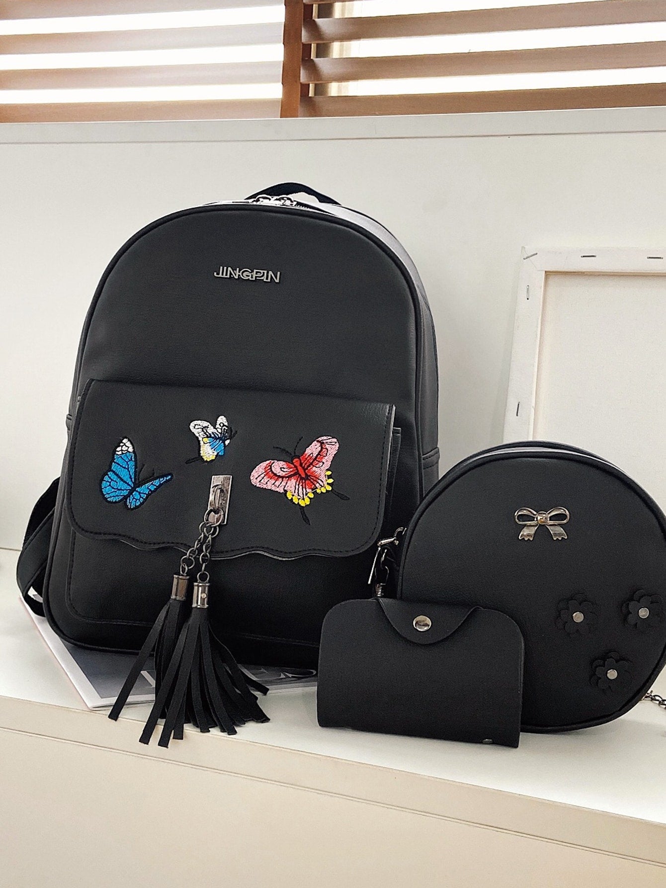 3pcs Butterfly Embroidered Tassel Decor Backpack With Purse