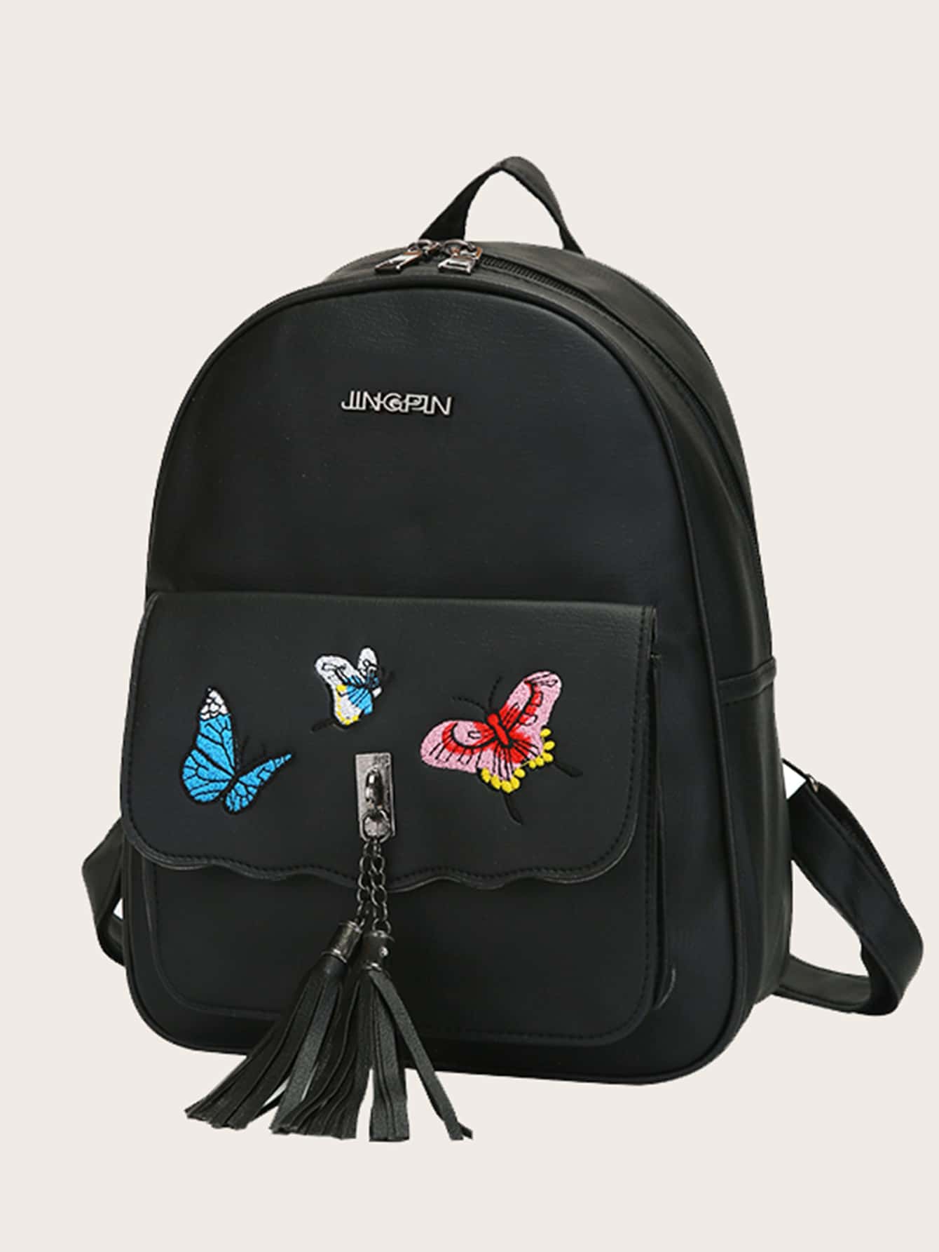 3pcs Butterfly Embroidered Tassel Decor Backpack With Purse