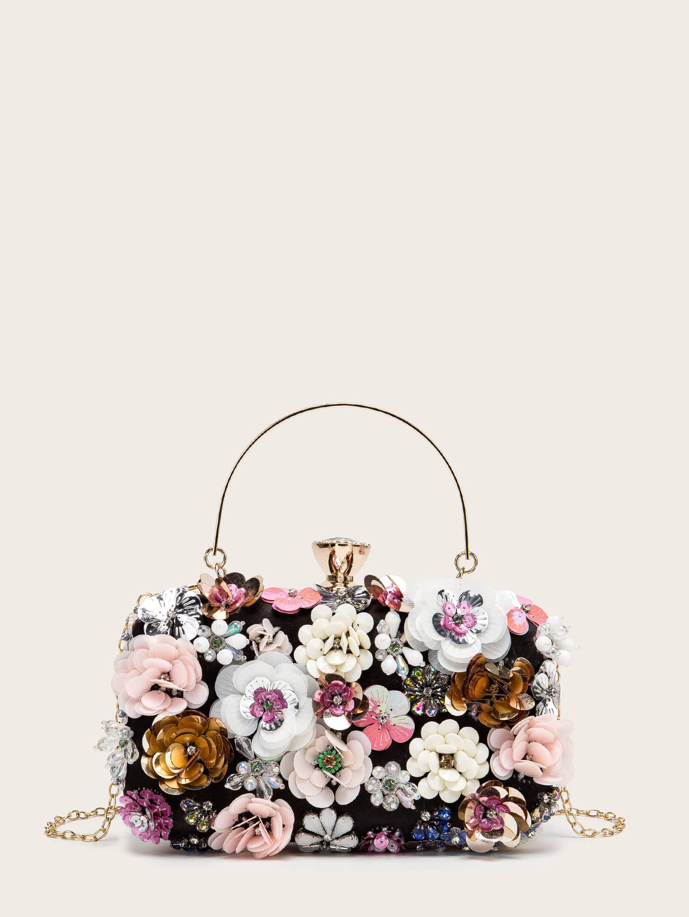 Floral Appliques Chain Clutch Bag