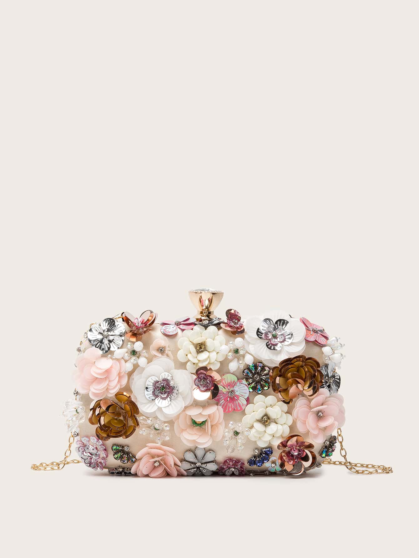 Floral Appliques Chain Clutch Bag