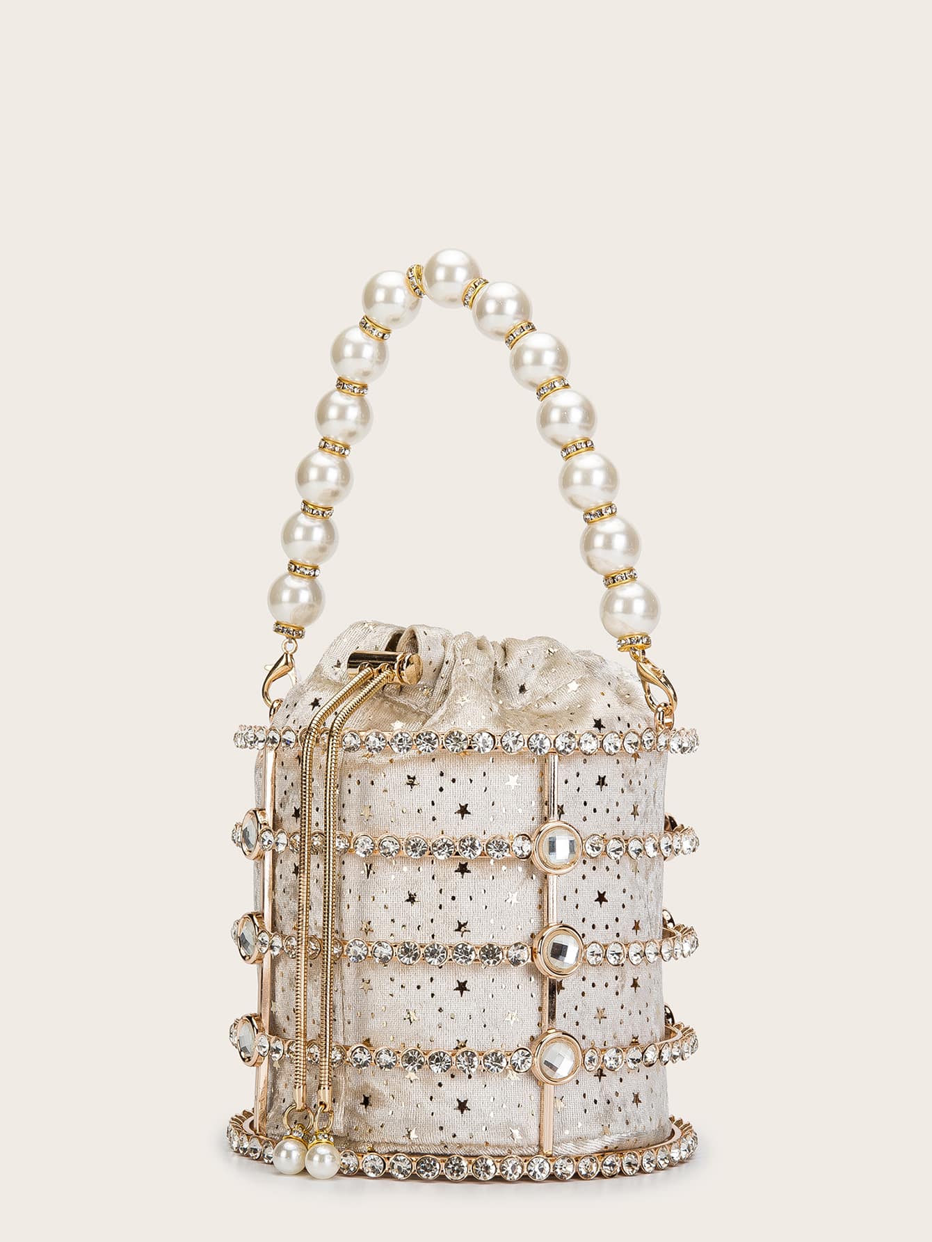 Faux Pearl & Rhinestone Decor Bucket Bag