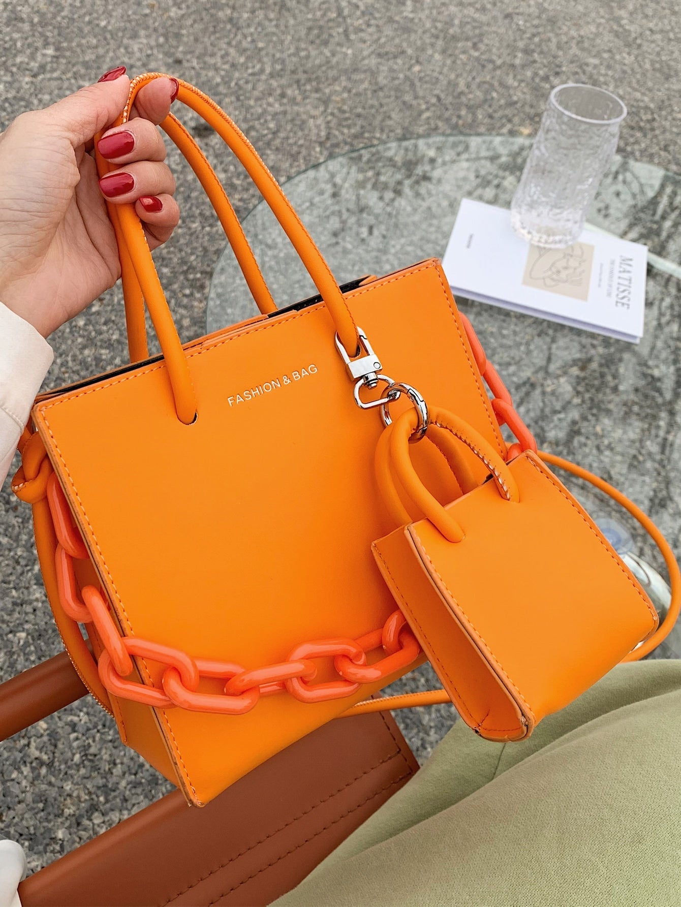 2pcs Neon Orange Satchel Bag Set