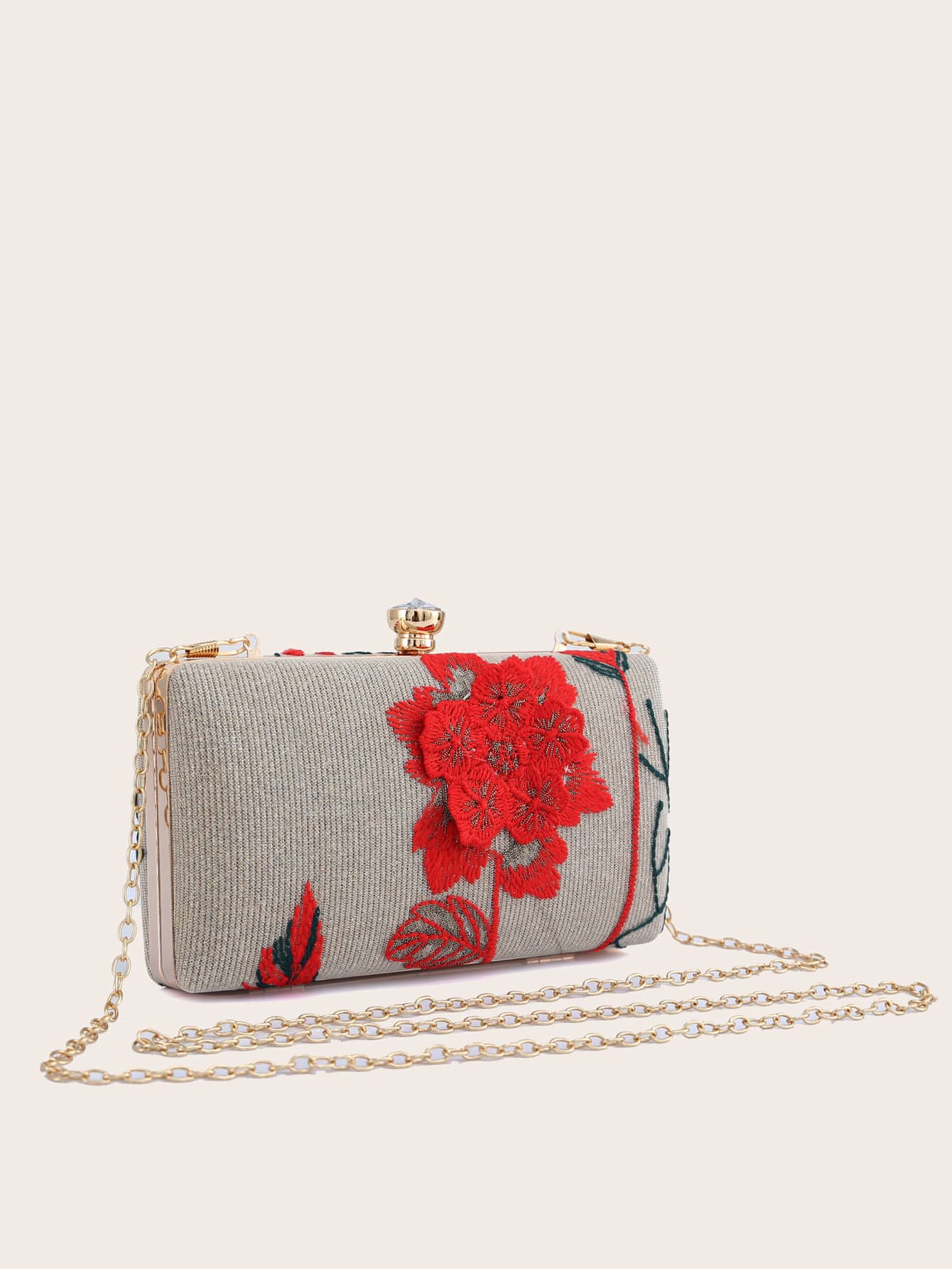 Floral Embroidery Clip Top Box Bag
