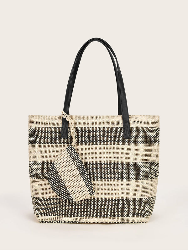 Color Block Tote Bag With Purse