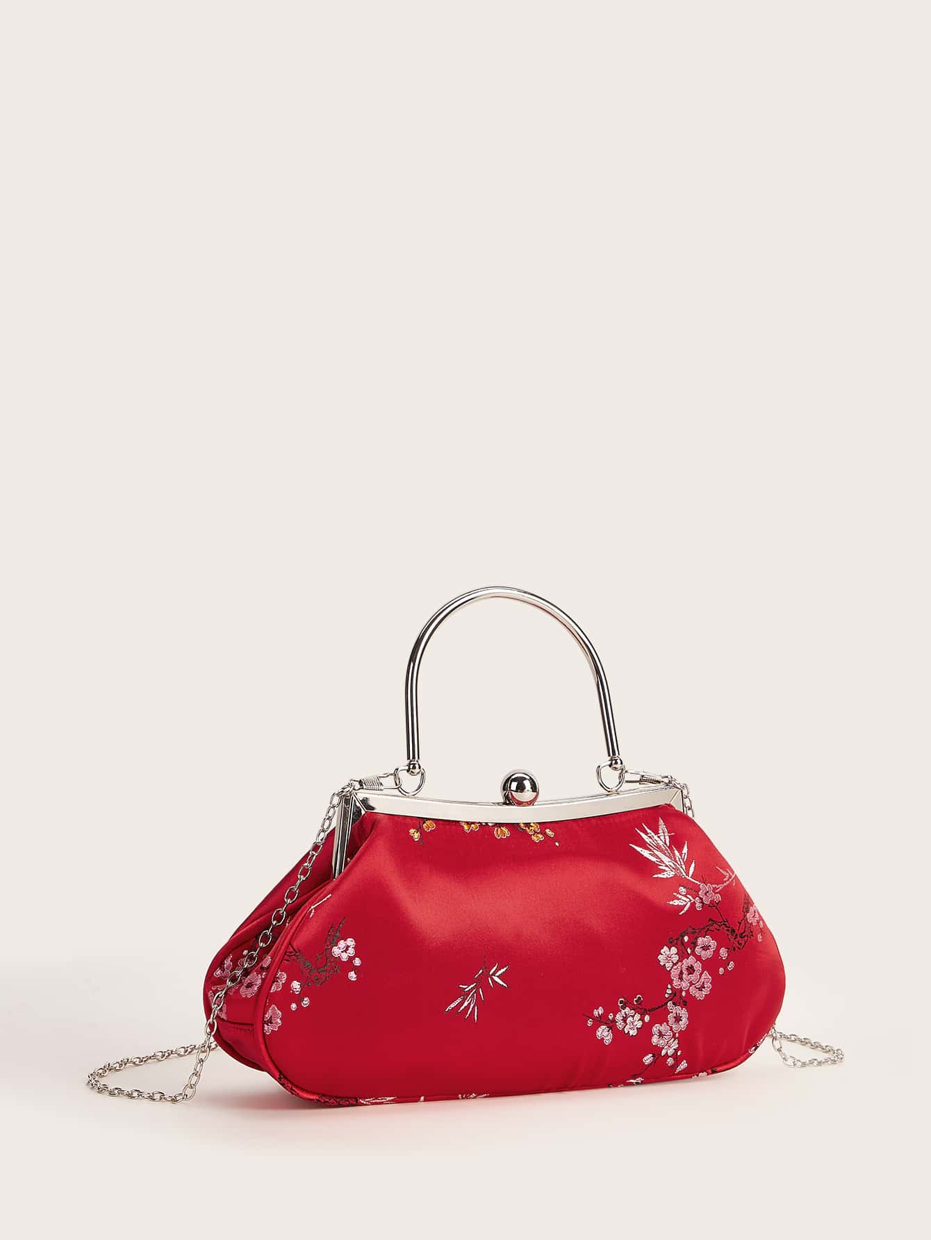 Floral Embroidered Clip Top Clutch Bag