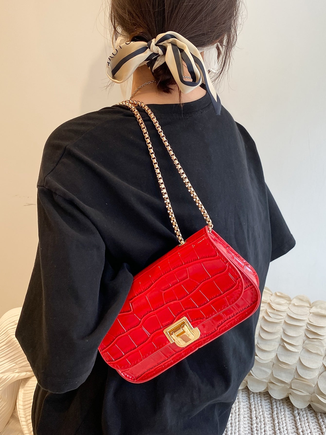 Croc Embossed Chain Baguette Bag