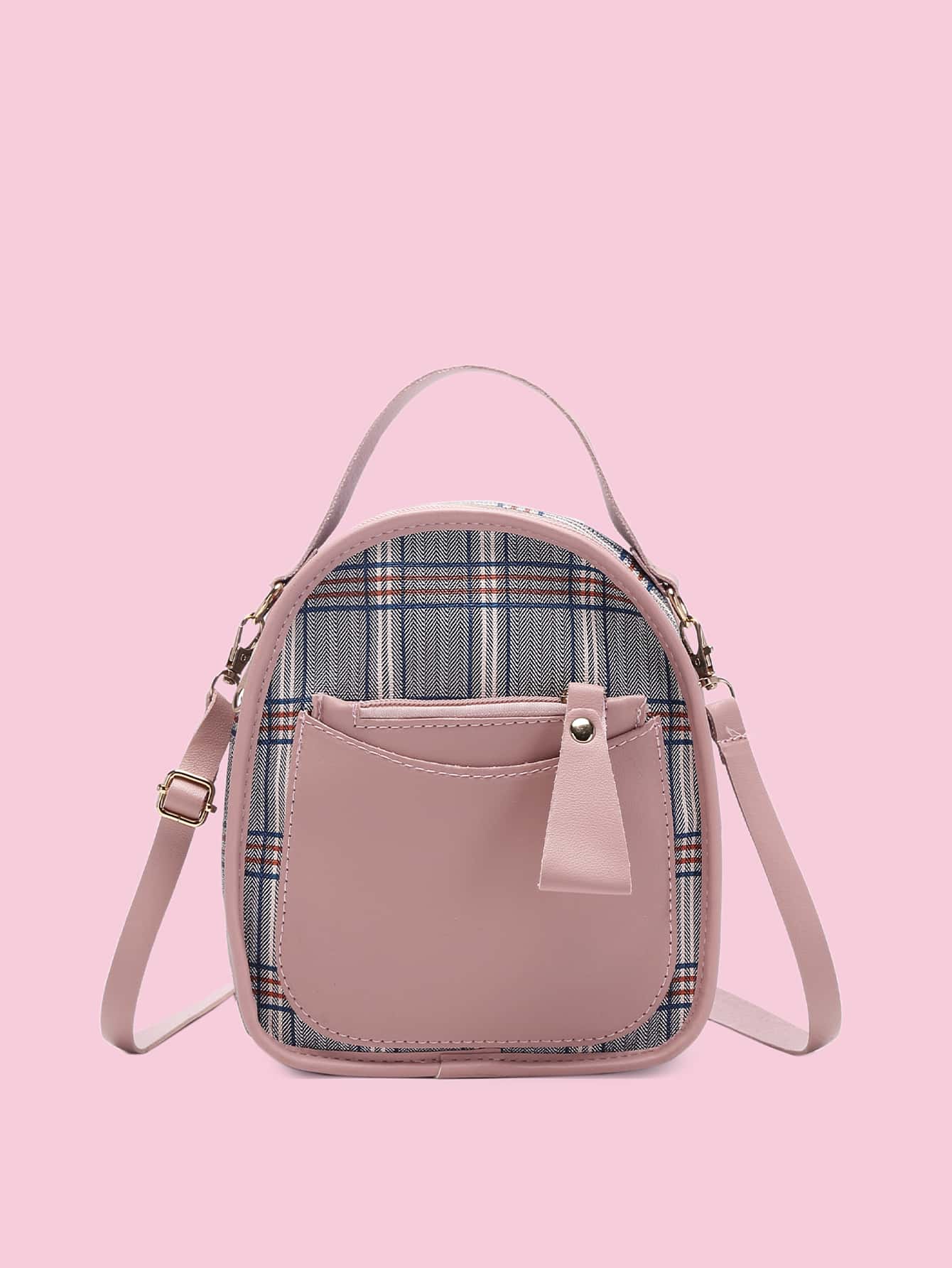 Plaid Pattern Pocket Front Backpack