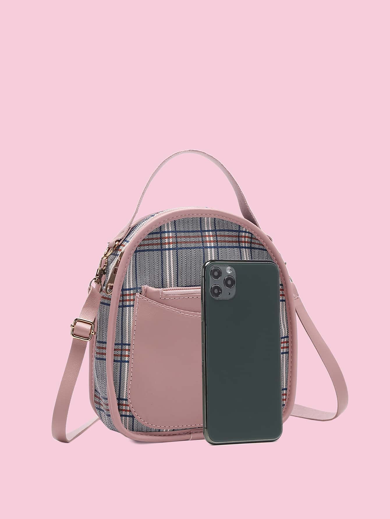 Plaid Pattern Pocket Front Backpack