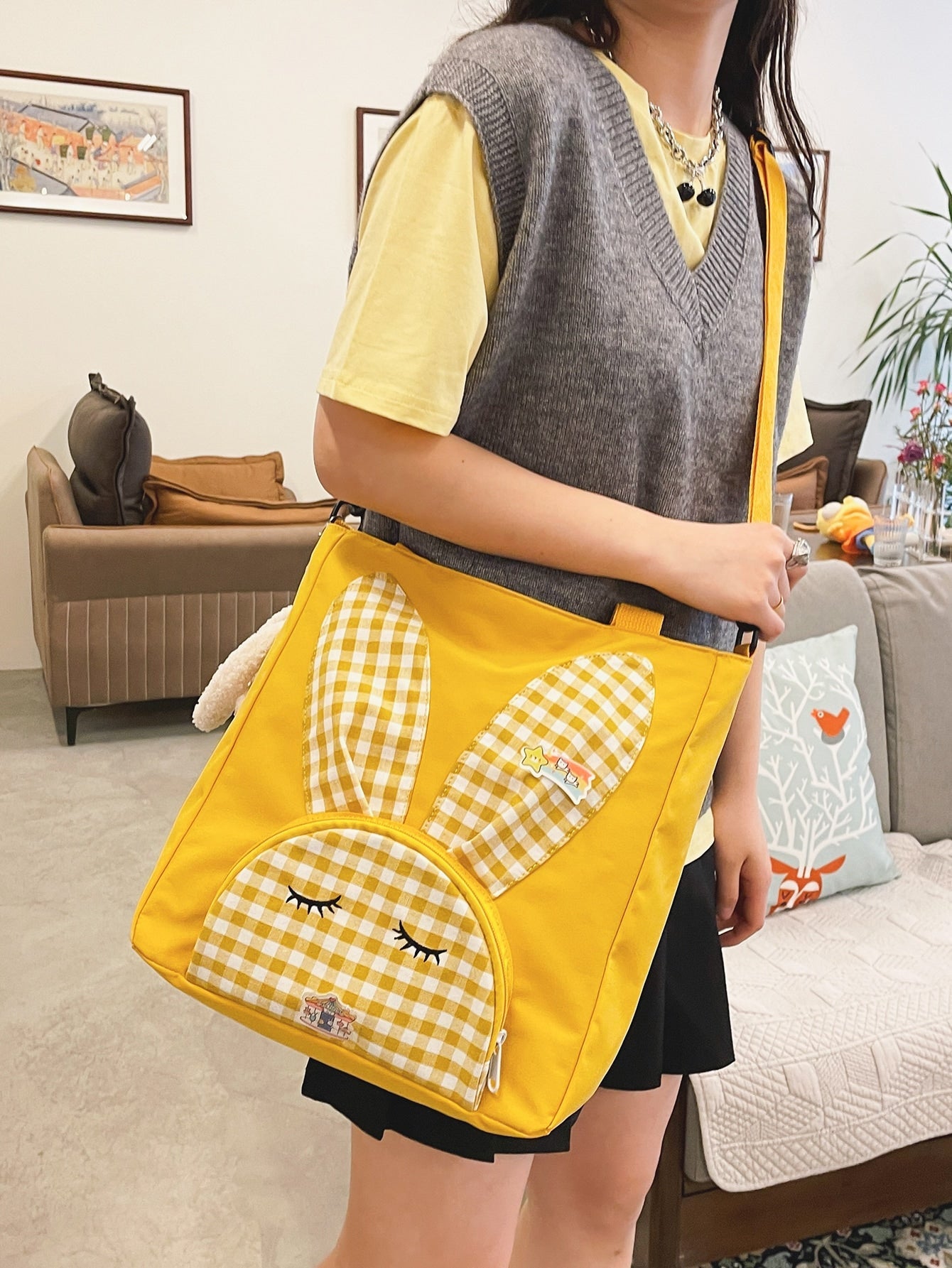 Gingham Pattern Top Handle Bag