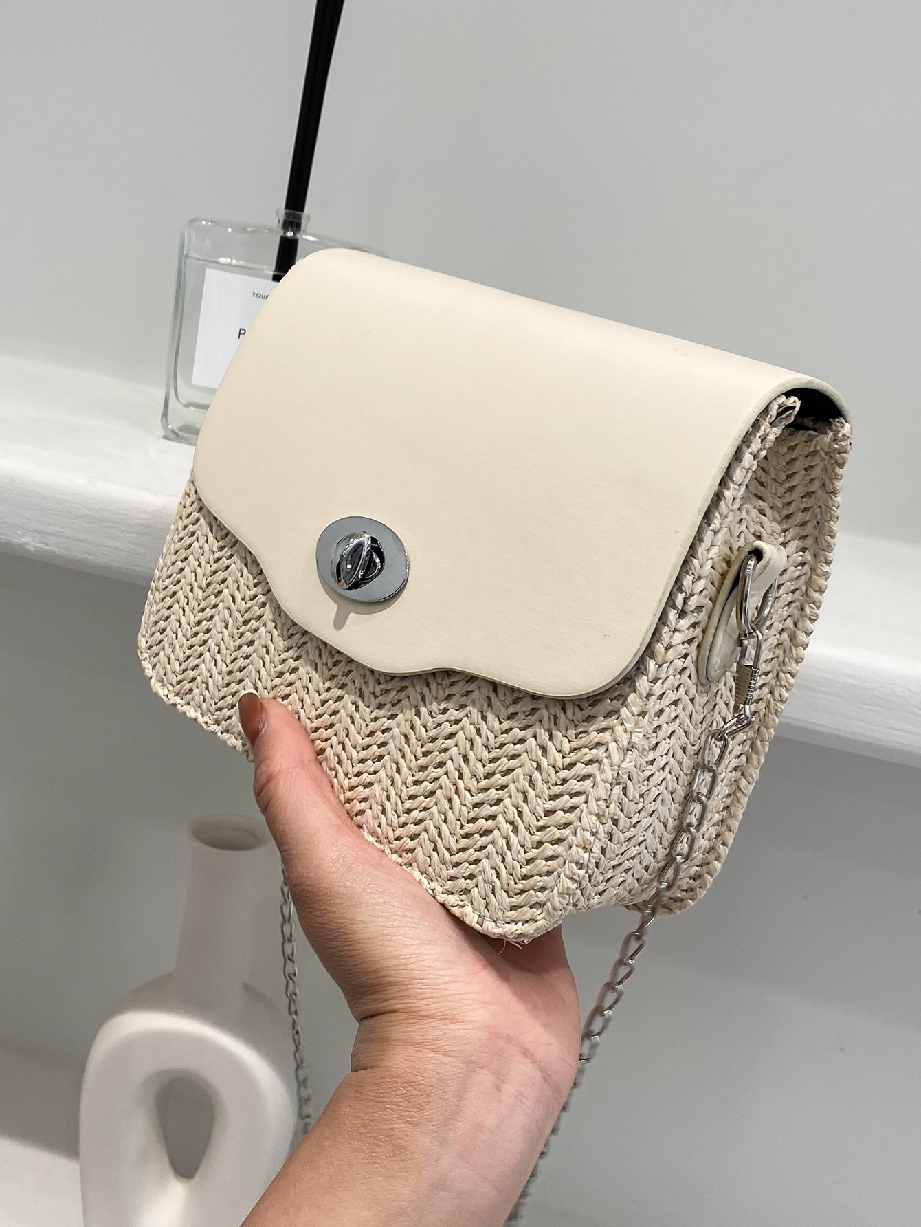 Turn-lock Woven Chain Crossbody Bag