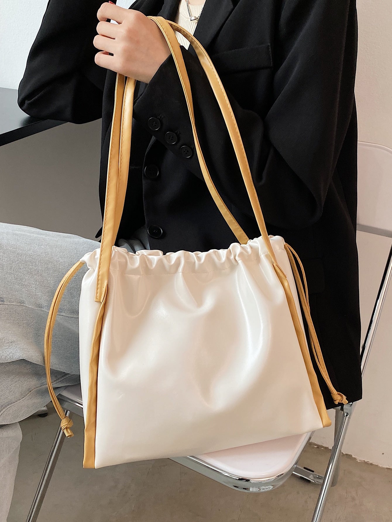 Two Tone Drawstring Shoulder Tote Bag