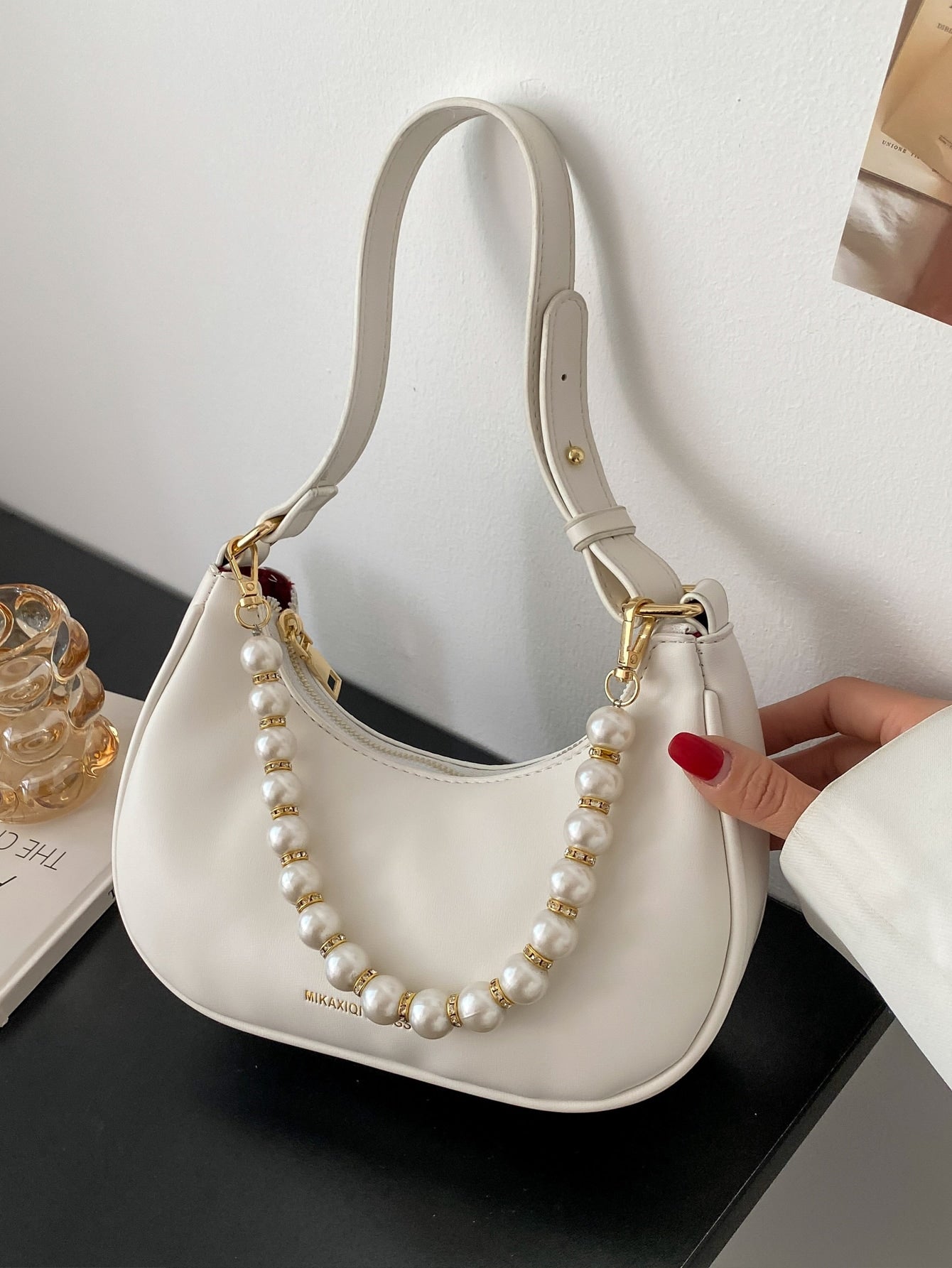 Faux Pearl Beaded Baguette Bag