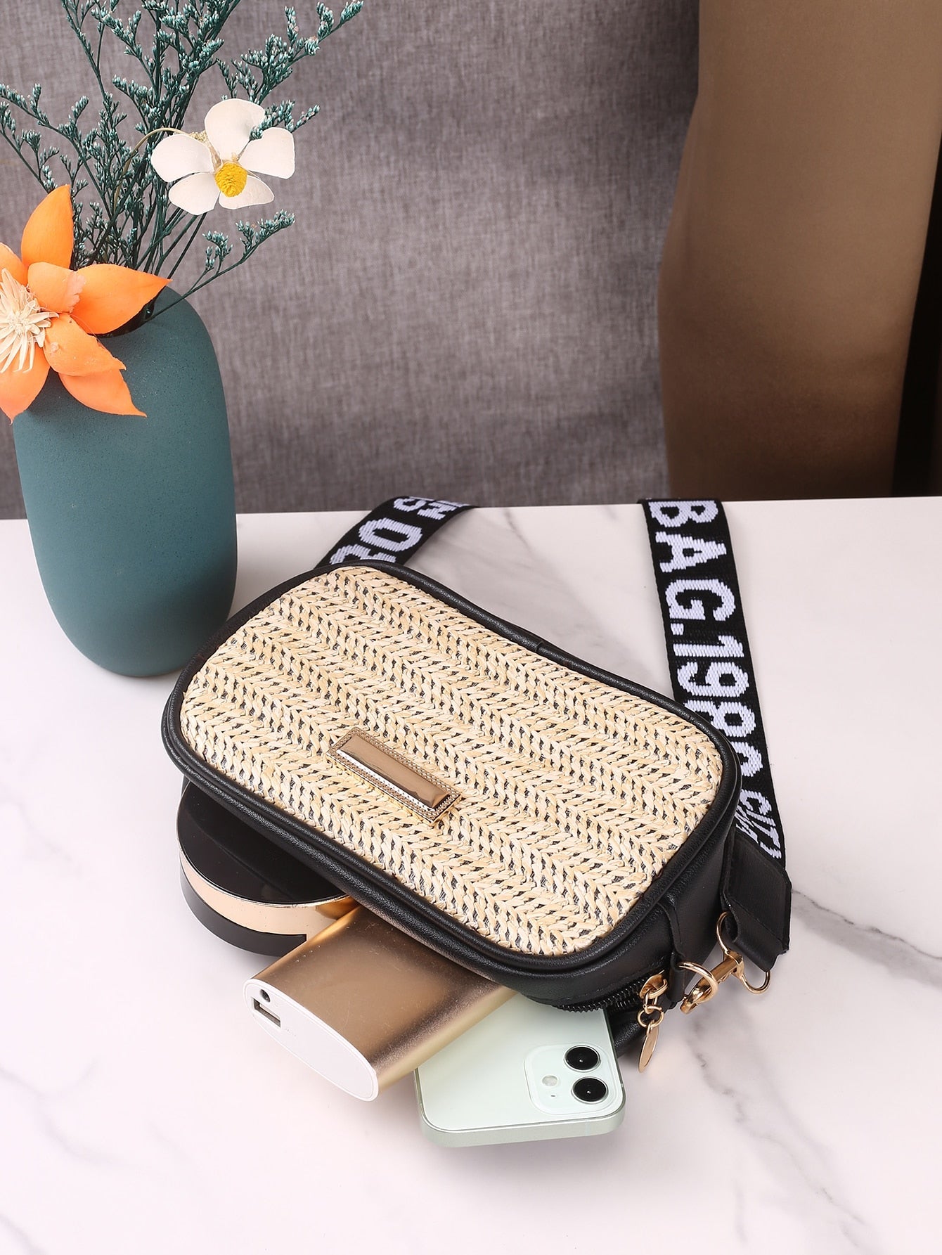 Letter Graphic Straw Design Crossbody Bag