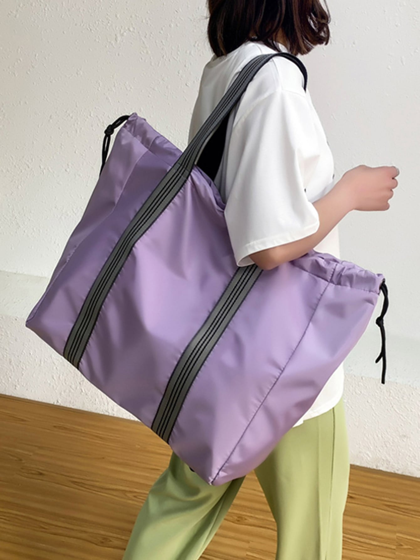 Two Tone Drawstring Shoulder Tote Bag