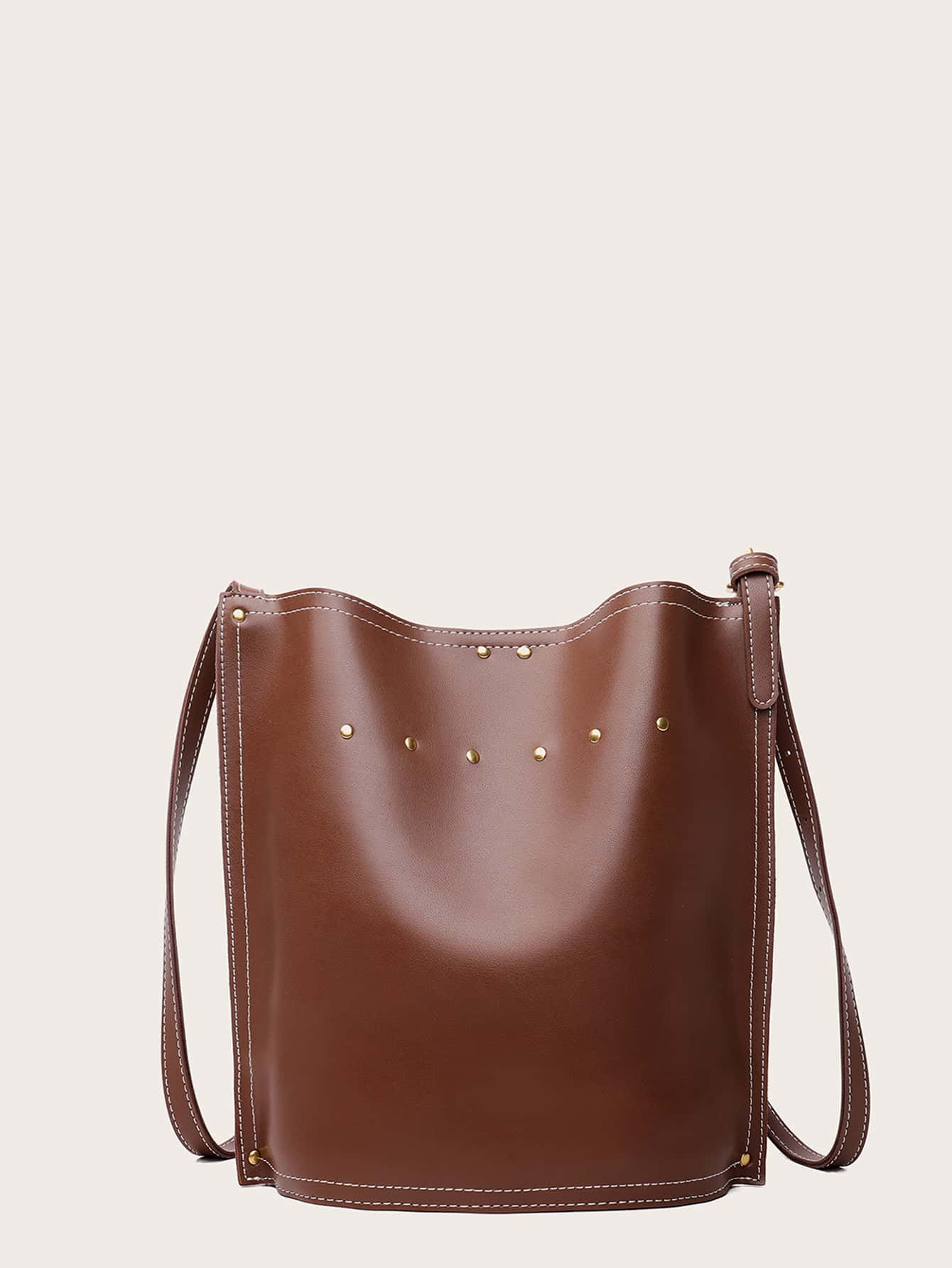 Studded Decor Bucket Bag With Inner Pouch