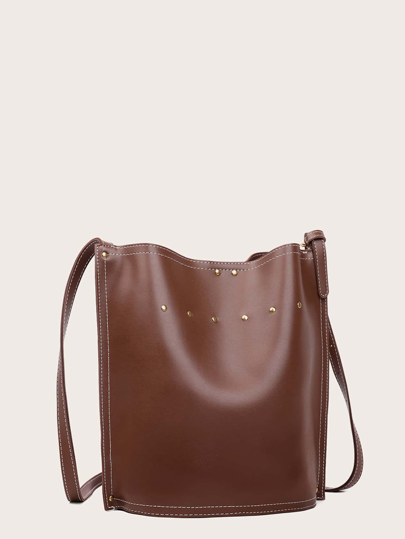 Studded Decor Bucket Bag With Inner Pouch