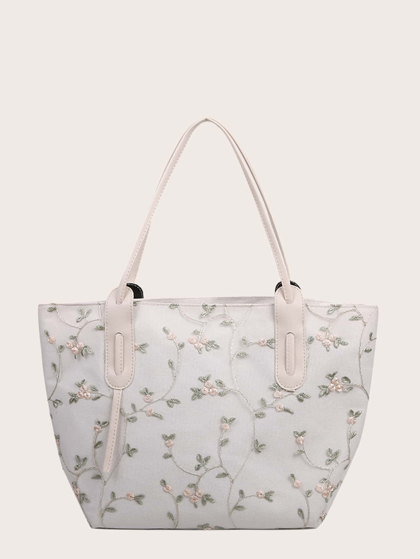 Floral Embroidery Shoulder Tote Bag