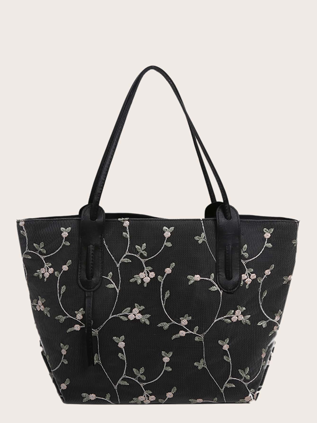 Floral Embroidery Shoulder Tote Bag