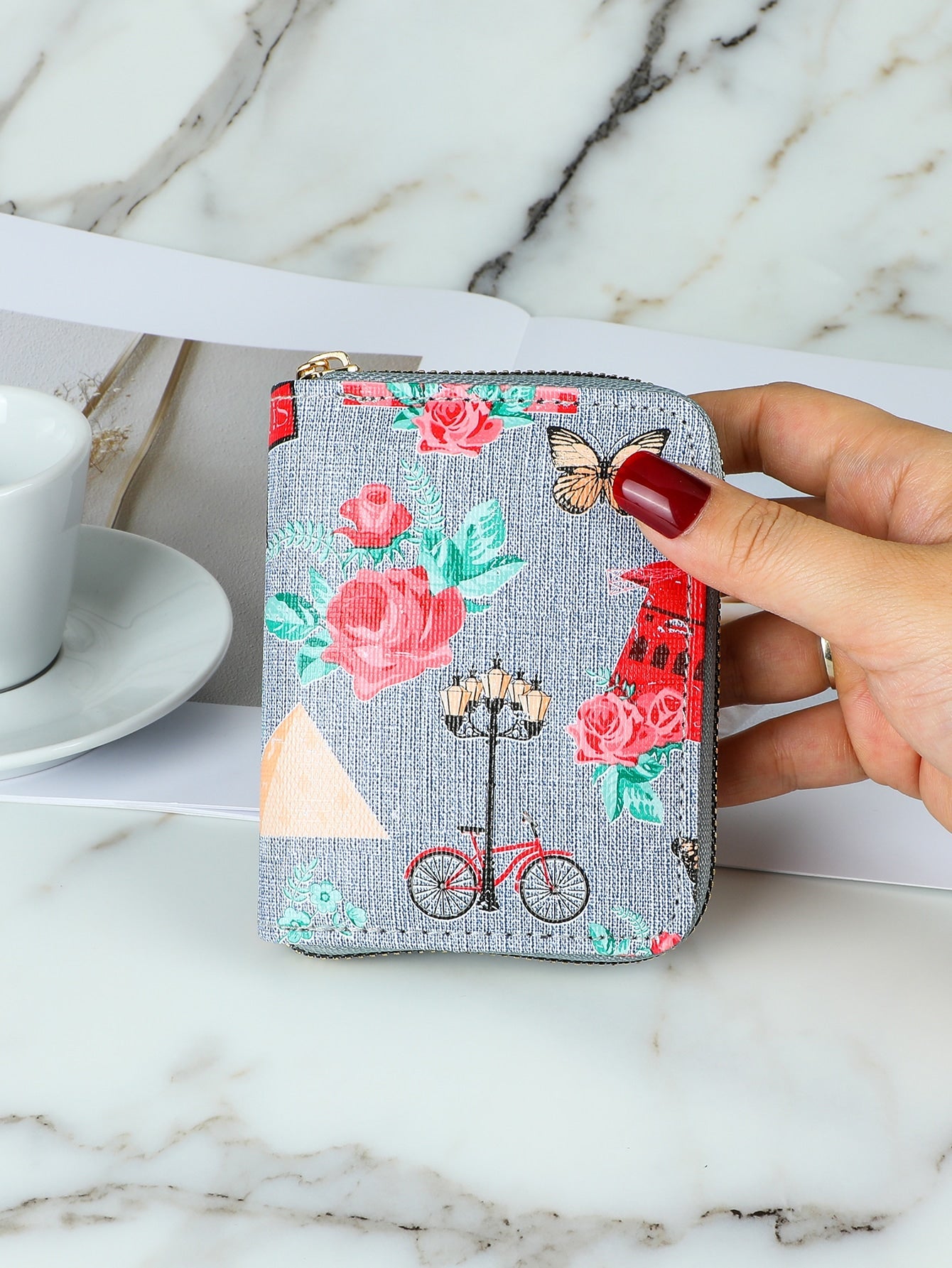 Floral & Butterfly Graphic Zip Around Card Holder