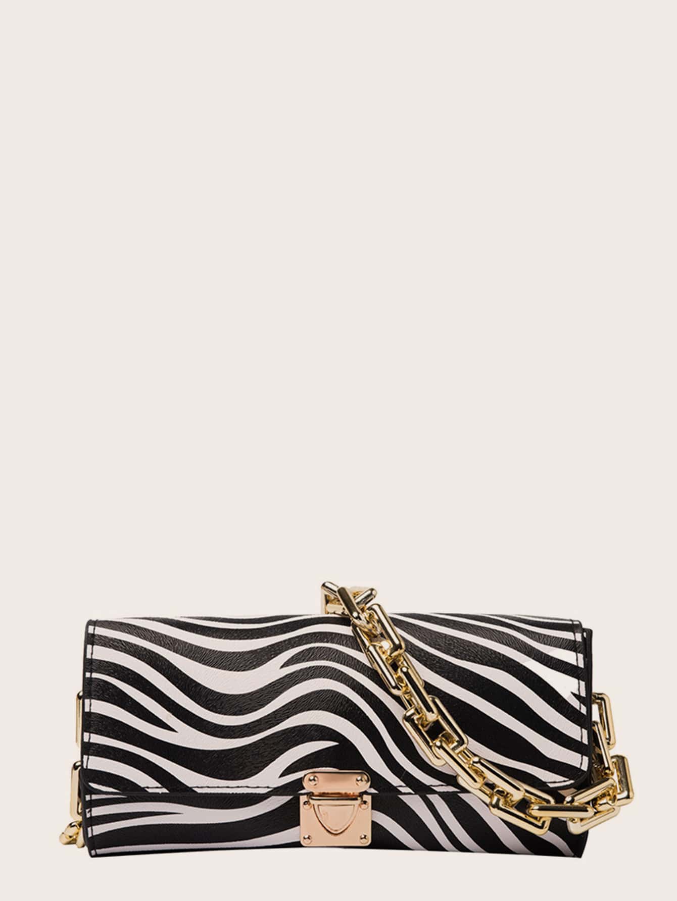 Zebra Striped Push Lock Chain Shoulder Bag