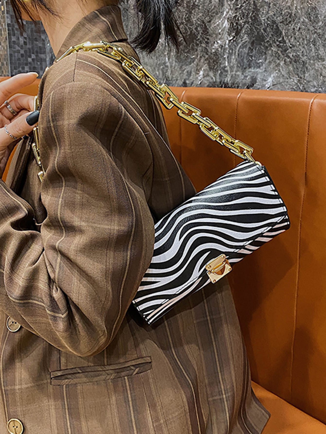 Zebra Striped Push Lock Chain Shoulder Bag
