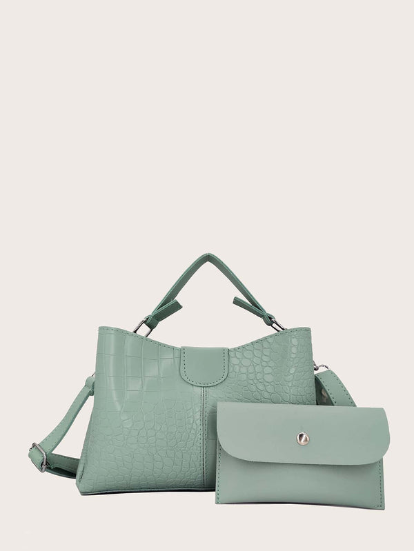 Croc Embossed Satchel Bag With Inner Pouch