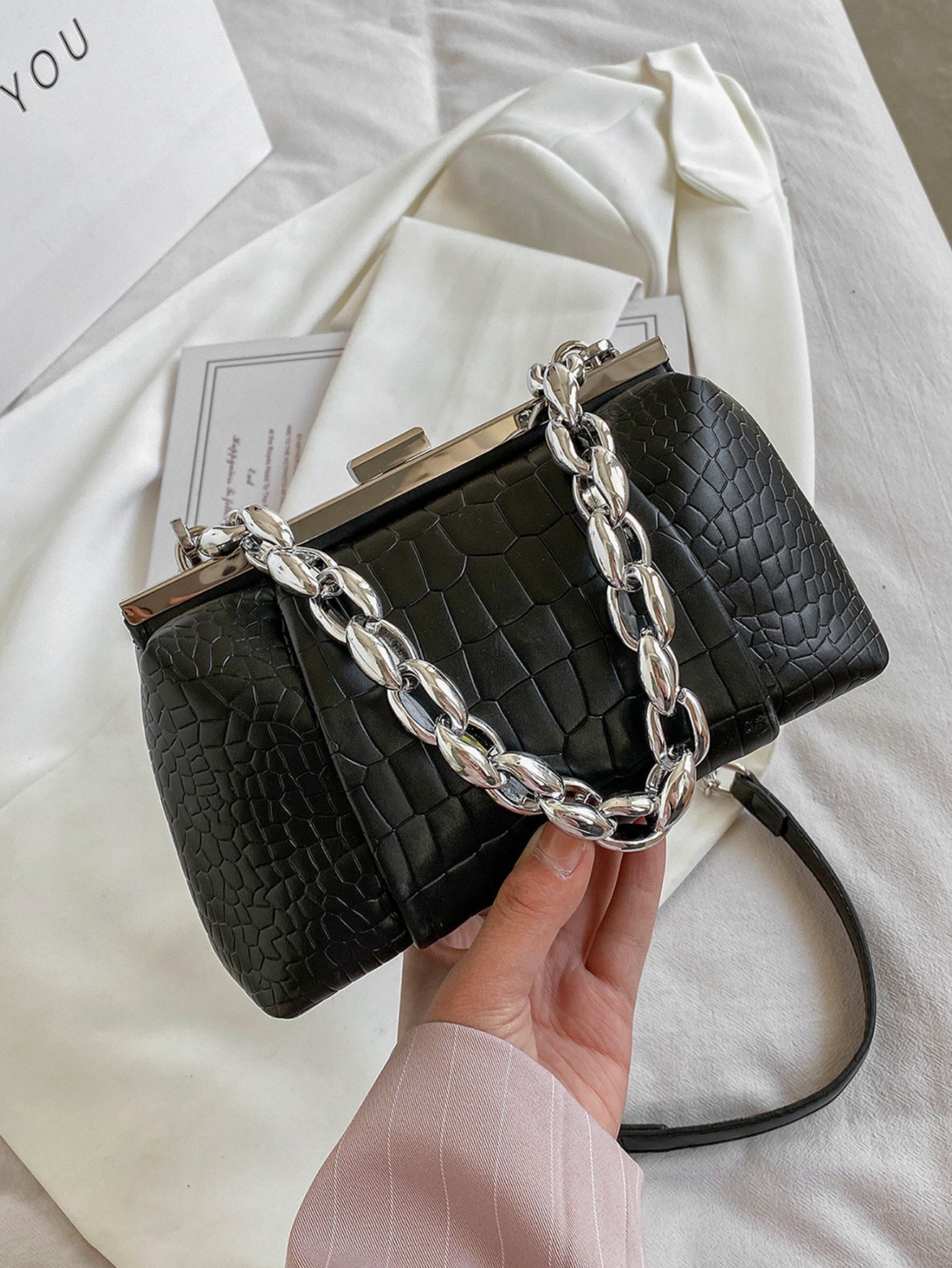 Croc Embossed Chain Satchel Bag
