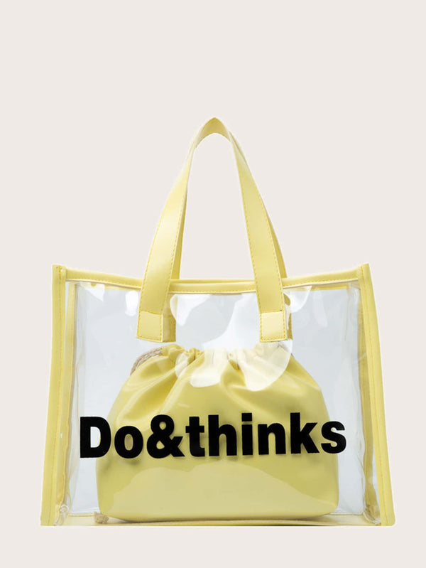 Clear Letter Graphic Shoulder Tote Bag With Inner Pouch