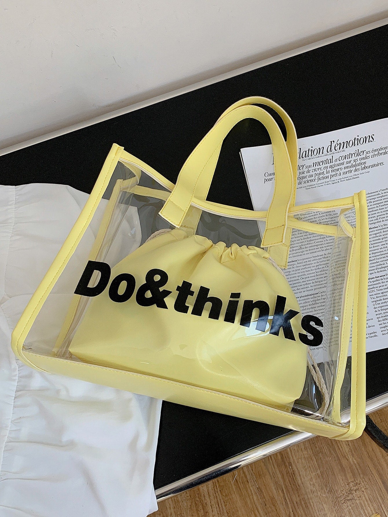 Clear Letter Graphic Shoulder Tote Bag With Inner Pouch