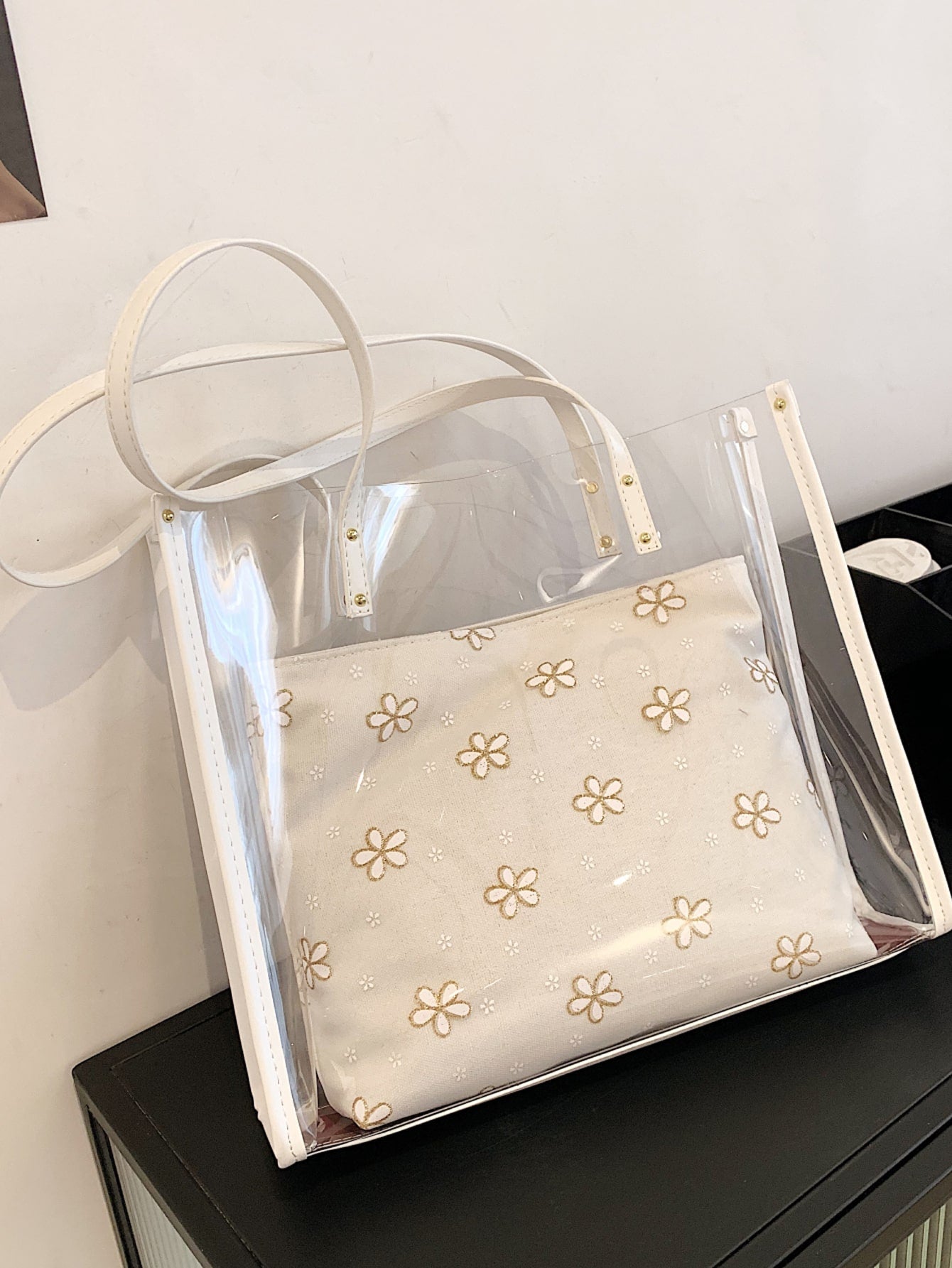 Clear Floral Graphic Tote Bag With Inner Pouch