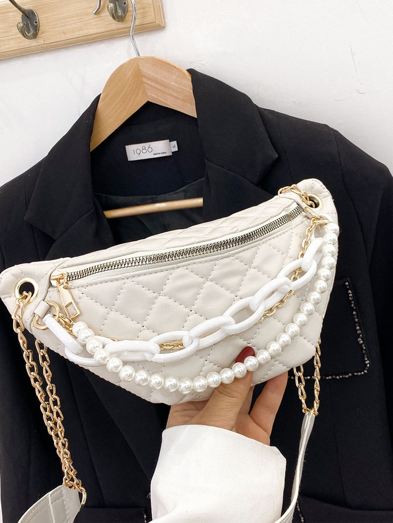 Faux Pearl Decor Quilted Fanny Pack