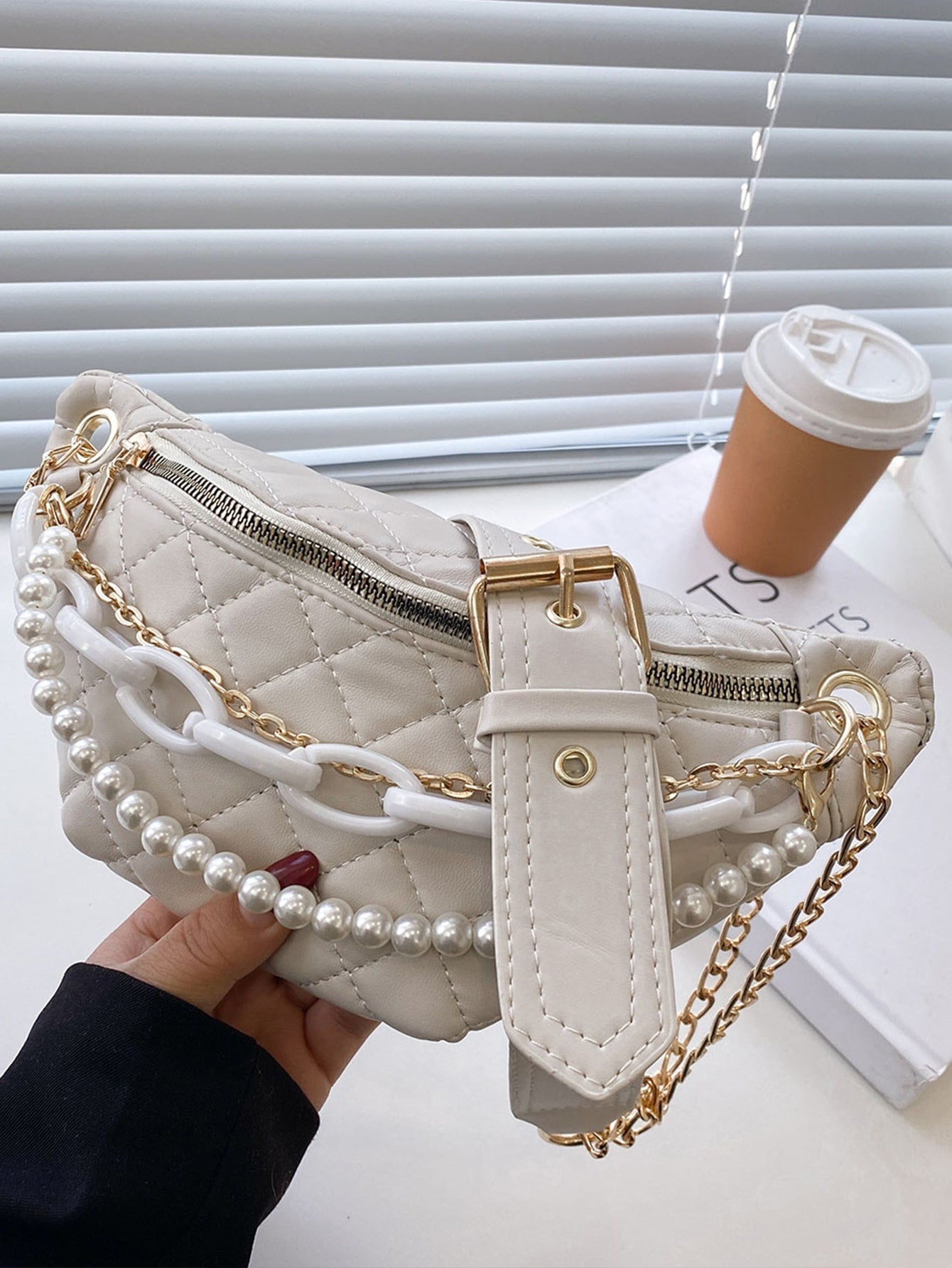 Faux Pearl Decor Quilted Fanny Pack