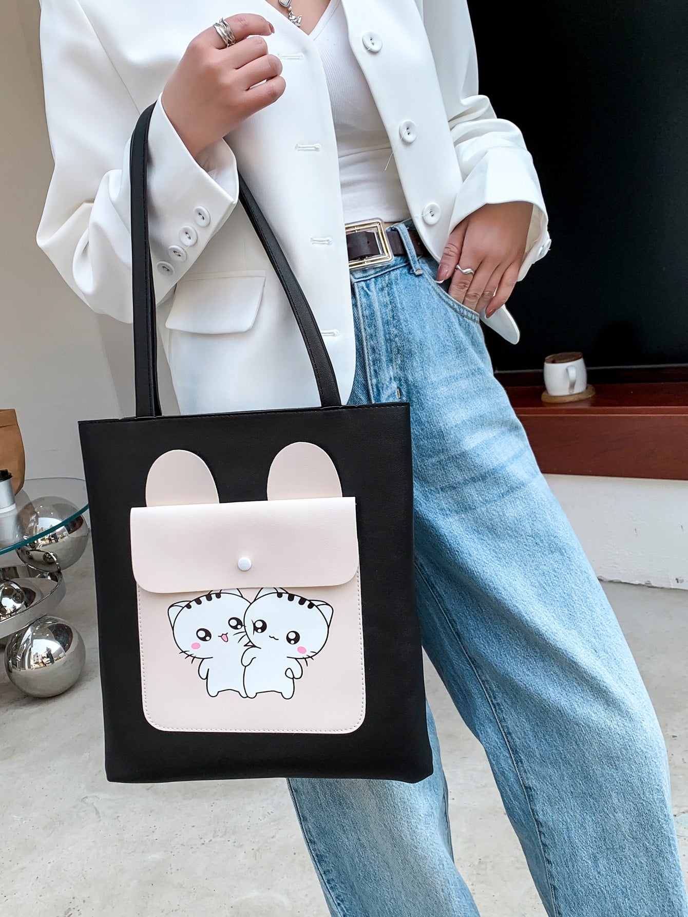 Cartoon Graphic Two Tone Shoulder Tote Bag