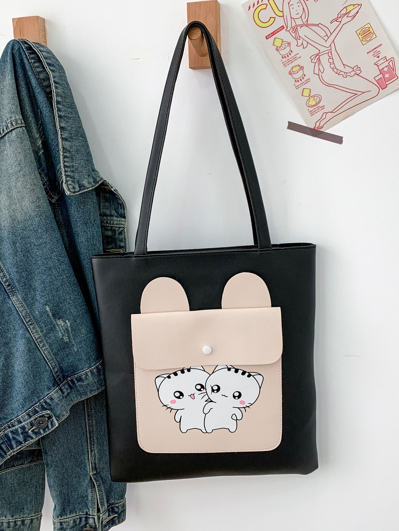 Cartoon Graphic Two Tone Shoulder Tote Bag