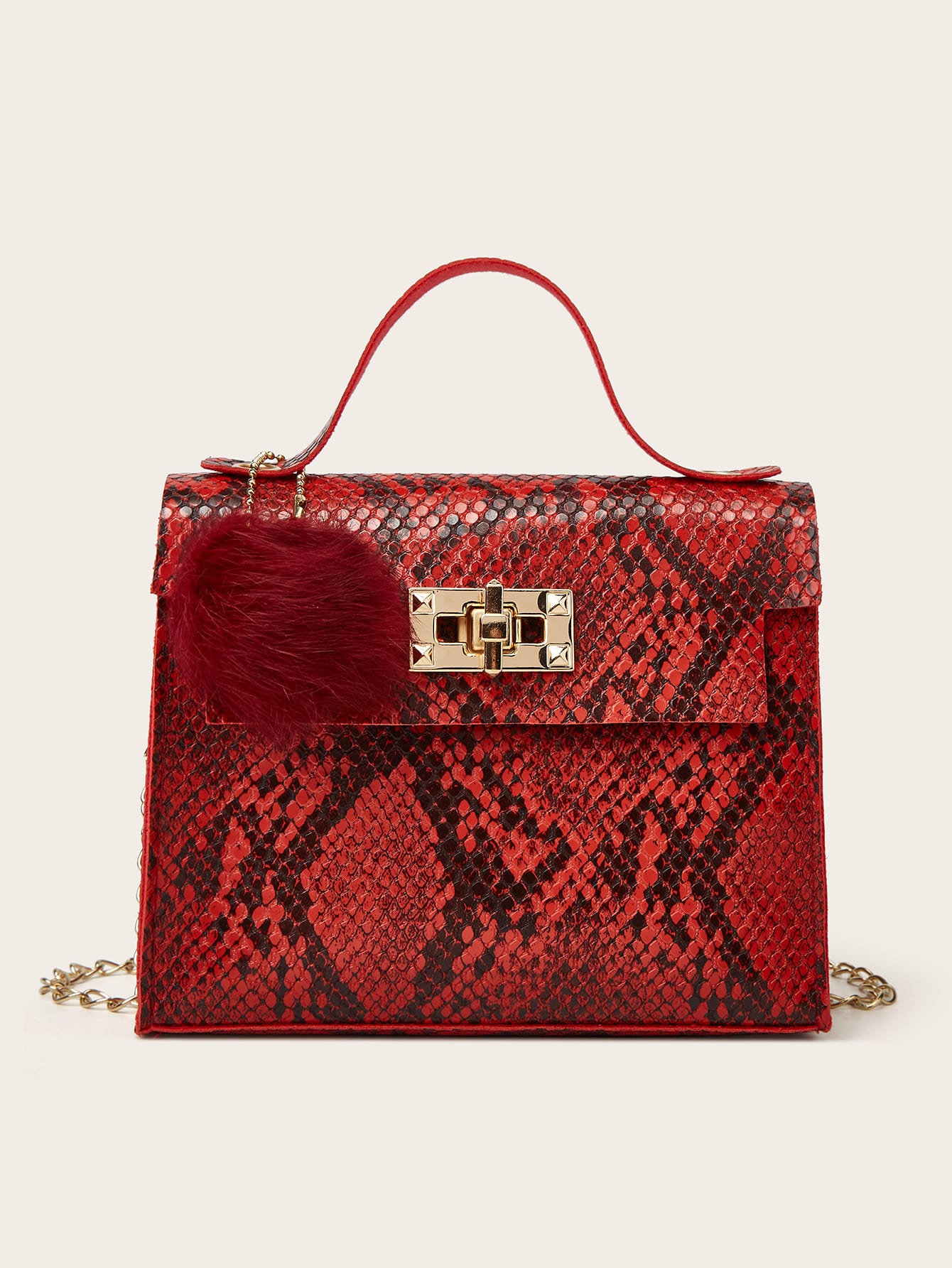 Pom Pom Decor Snakeskin Print Chain Bag