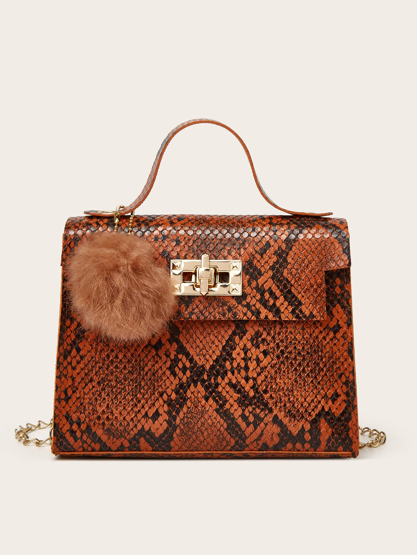 Pom Pom Decor Snakeskin Print Chain Bag