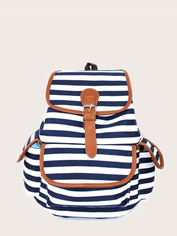 Buckle Decor Striped Pattern Flap Backpack