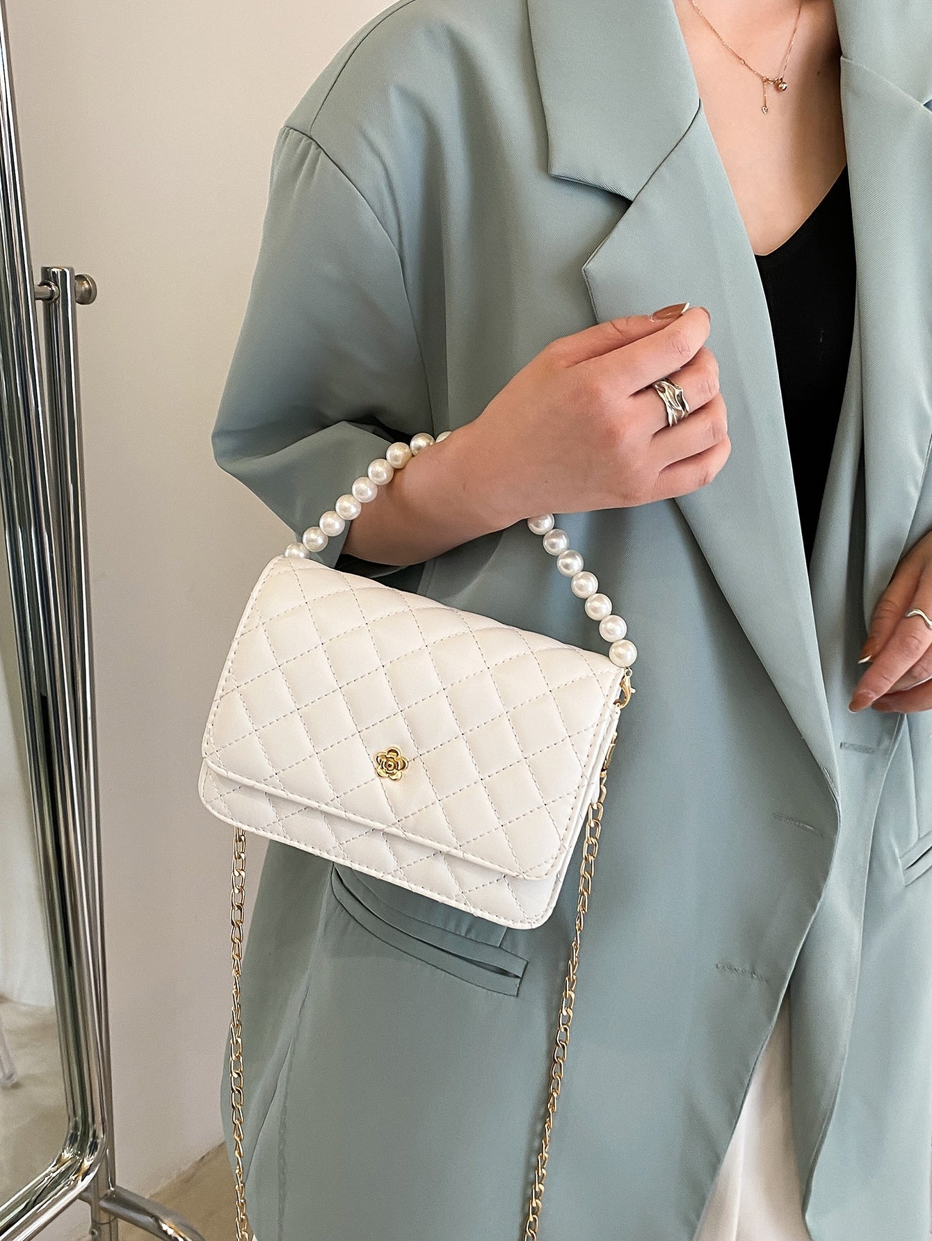 Quilted Faux Pearl Beaded Chain Bag