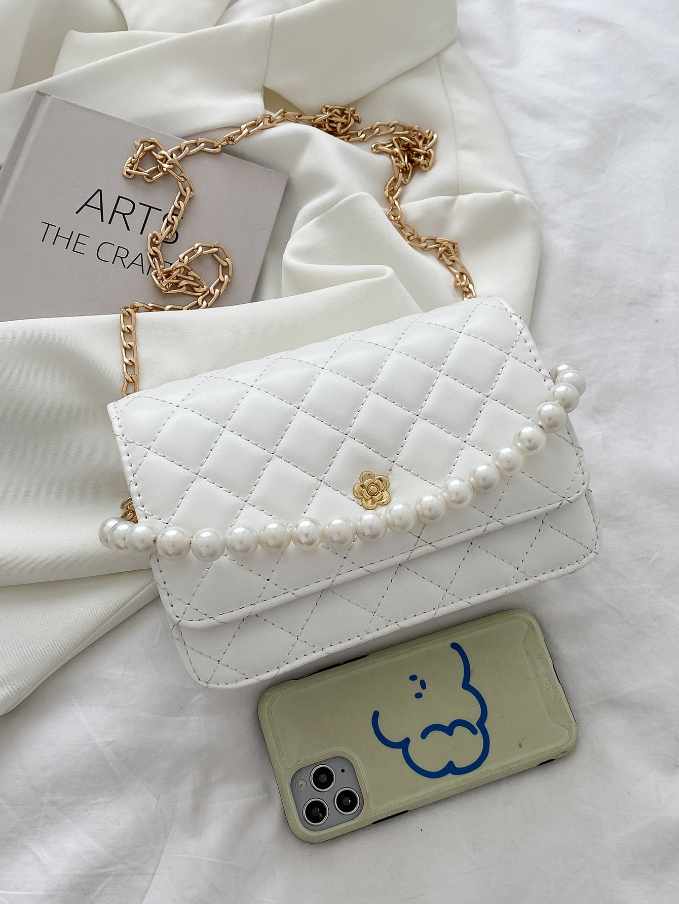 Quilted Faux Pearl Beaded Chain Bag