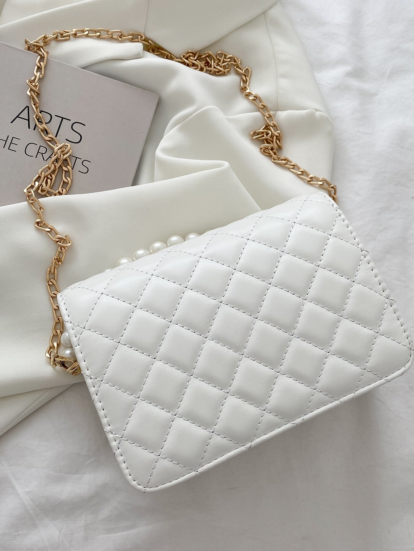 Quilted Faux Pearl Beaded Chain Bag