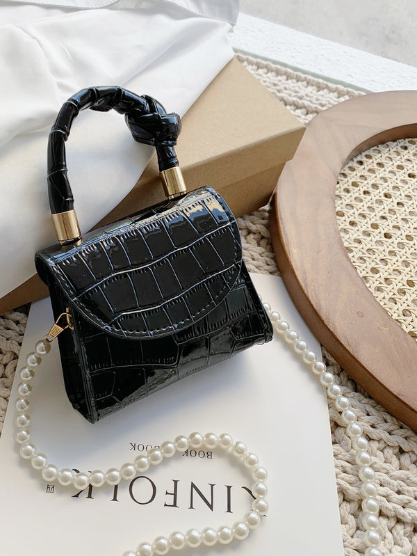 Mini Knot Decor Croc Embossed Satchel Bag