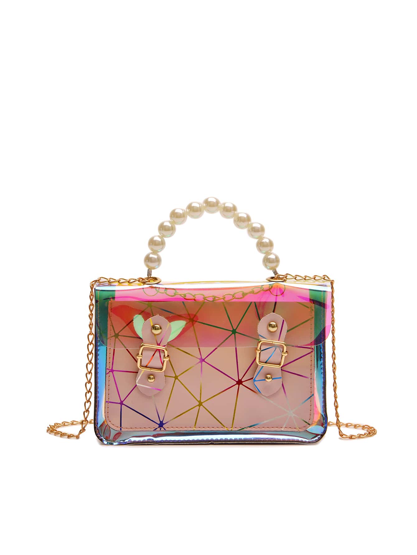 Holographic Faux Pearl Beaded Chain Bag